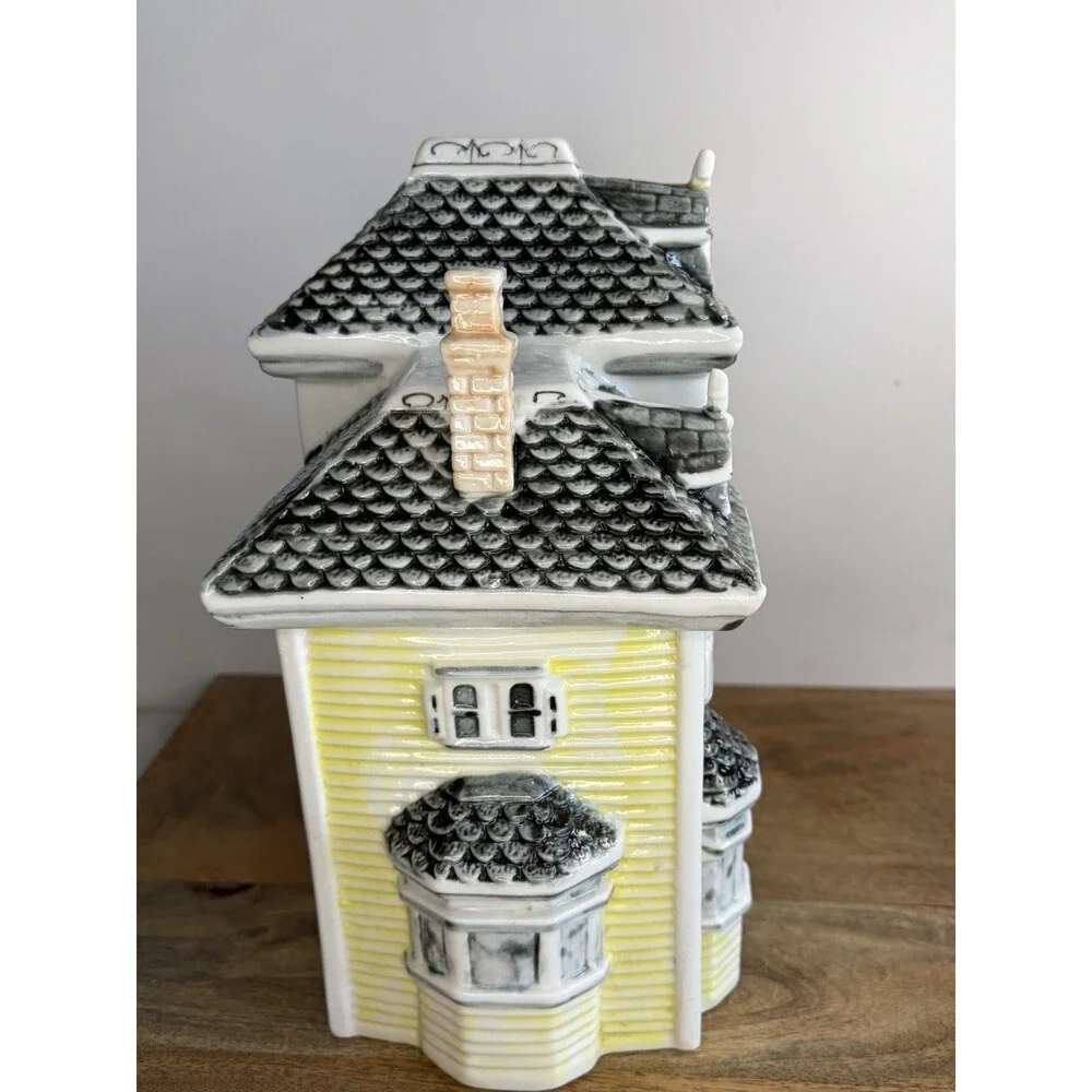 Victorian House Cookie Jar Canister Yellow Gray  Vintage